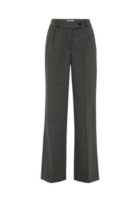 Pantaloni a vita alta grigio scuro a quadri con gambe larghe, chiusura frontale con bottone e passanti per cintura.