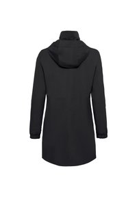 Cappotto lungo nero con cappuccio, realizzato in tessuto liscio. Presenta polsini elasticizzati e una linea dritta, senza chiusure o decorazioni visibili.
