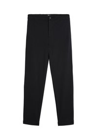 Schwarze Hose aus elastischem Material, mit Knopfverschluss, elastischem Bund und geradem Bein-Design ohne sichtbare Muster.