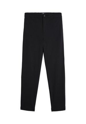 Zwarte broek gemaakt van rekbaar materiaal, voorzien van een knoopsluiting, elastische tailleband en een recht model zonder zichtbare patronen.