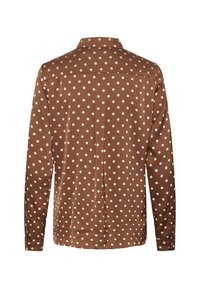 Braunes Langarmhemd mit weißen Polka-Dots. Verfügt über einen Kragen und Knopfmanschetten. Glatte Textur, taillierte Passform und Rückenteil mit Ziernaht.