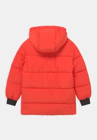 Rød polstret jakke med hætte og sorte tætsiddende manchetter, vist fra ryggen på en hvid baggrund.