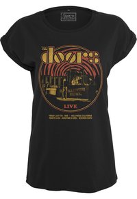 Černé bavlněné tričko s vintage-style grafickým potiskem koncertu The Doors, se žlutým a červeným textem a kulatými designovými prvky.