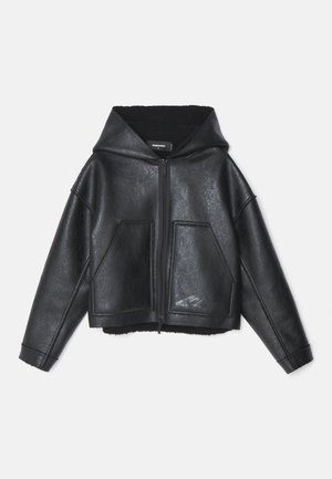 Black faux leather cropped jacket with a hood, featuring two front pockets, exposed zippers, and a textured surface. Lined for added warmth.