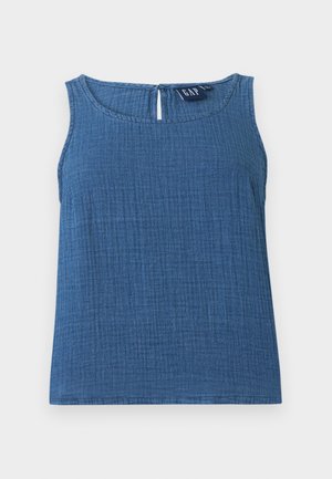 Haut sans manches en coton bleu texturé avec encolure ronde et petite fermeture bouton à trou clé au dos, étiqueté GAP.