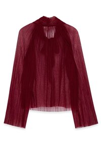 Burgunderfarbene, plissierte Bluse mit langen Ärmeln, transparenter Textur, drapiertem Design und hohem Kragen. Verfügt über eine dezente Öffnung im Rücken.
