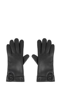 Par de guantes de cuero negro con tres cierres similares a botones en la zona de la muñeca, mostrados con las palmas hacia abajo sobre un fondo blanco.