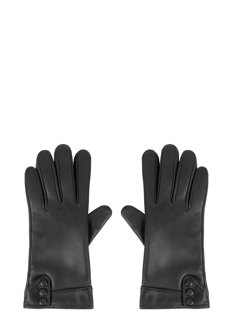 Par de guantes de cuero negro con tres cierres similares a botones en la zona de la muñeca, mostrados con las palmas hacia abajo sobre un fondo blanco.