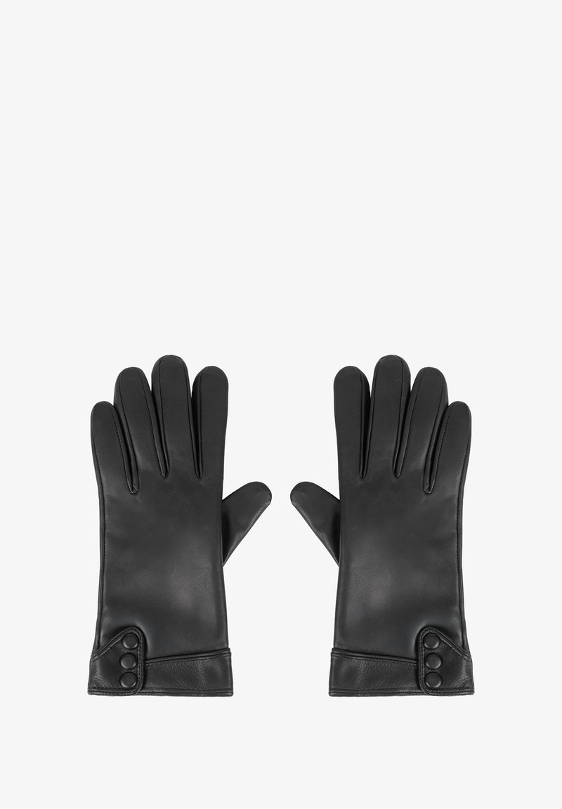 Par de guantes de cuero negro con tres cierres similares a botones en la zona de la muñeca, mostrados con las palmas hacia abajo sobre un fondo blanco.
