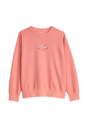 Rosa Sweatshirt mit Rundhalsausschnitt, gerippten Bündchen an Ärmeln und Saum, mit "Mop" in Kursiv auf der Brust gestickt.