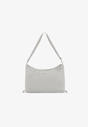 Borsa a spalla grigia chiara, design elegante, materiale sintetico, cinturino regolabile, chiusura a zip superiore, dettaglio logo discreto sul davanti.