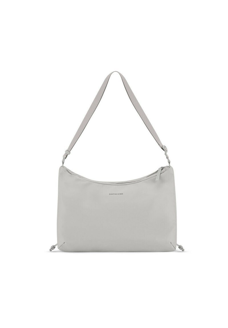 Borsa a spalla grigia chiara, design elegante, materiale sintetico, cinturino regolabile, chiusura a zip superiore, dettaglio logo discreto sul davanti.