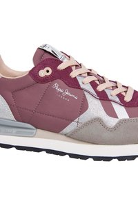 Bordeaux ja hall sportlik jalanõud, valmistatud seadme- ja sünteetilistest materjalidest. Üksikasjad hõbedaste aktsentide, roosa paela ja küljele pandud logoga. Kummi põhi.