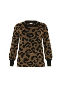 Hnedý sveter s leopardím vzorom, dlhé rukávy, rebrovaný čierny výstrih a manžety, vyrobený z mäkkého, textúrovaného materiálu. Výrazný zvierací vzor.
