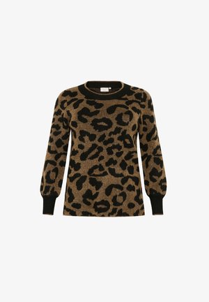 Maglione a stampa leopardata marrone con maniche lunghe, colletto e polsini neri a coste, realizzato in materiale morbido e testurizzato. Motivo animale distintivo.