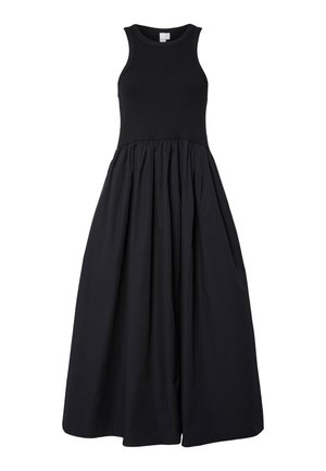 Rochie maxi neagră fără mâneci, cu corset strâns și fustă strânsă, voluminoasă, care ajunge până la podea.