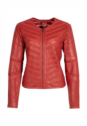 Rote Lederjacke mit strukturiertem diagonalen Steppnähten, tailliertem Design, rundem Ausschnitt und durchgehendem Reißverschluss. Lange Ärmel mit schmal zulaufenden Manschetten.