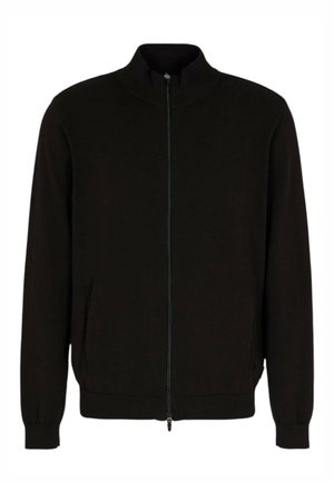 Veste noire à fermeture éclair avec un col montant, des poignets et un ourlet côtelés ; fabriquée en tissu tricoté lisse ; dotée de deux poches latérales.