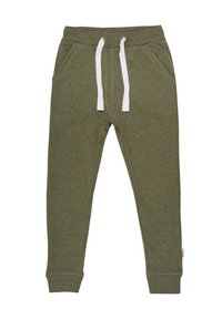 Olivenfarvede sweatpants med elastisk talje og hvide snore, med sidelommer og tætsiddende benafslutninger. Blødt bomuldsblandingsstof.