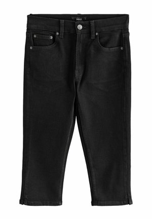 Jean en denim noir cropped avec un design ajusté, style cinq poches, bouton et rivets en argent, et un ourlet cousu.