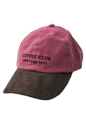 Czapka z daszkiem z różową koroną i brązowym sztruksowym daszkiem, wyszywana czarnymi literami "COFFEE CLUB NEW YORK CITY".