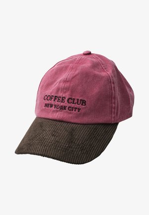Berretto da baseball con corona rosa e visiera in velluto marrone, ricamato con "COFFEE CLUB NEW YORK CITY" in lettere nere.