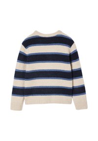 Gestreifter Pullover in creme und marineblauen Farbtönen, mit Rundhalsausschnitt, geripptem Saum und weichem Material. Die Rückansicht zeigt abwechselnde horizontale Streifen.