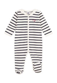 Body a righe per neonato in tessuto morbido, caratterizzato da strisce orizzontali blu navy e bianche, maniche lunghe, colletto e una piccola ricamo "J'ADORE".