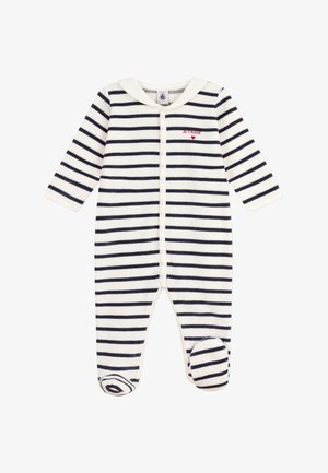 Gestreepte babypak in zachte stof, met horizontale marineblauwe en witte strepen, lange mouwen, een kraag en een kleine "J'ADORE" borduursel.
