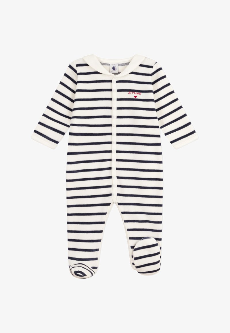 Gestreepte babypak in zachte stof, met horizontale marineblauwe en witte strepen, lange mouwen, een kraag en een kleine "J'ADORE" borduursel.