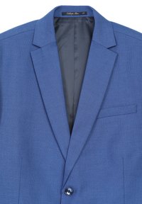 Blazer blu con texture, colletto a revers, chiusura a un bottone e taschino sul petto. Interno foderato in una tonalità di contrasto. Taglia 50.