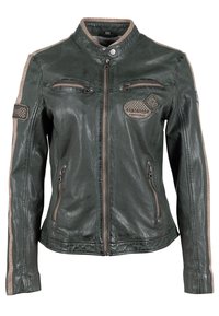 Grüne Leder-Motorradjacke mit tailliertem Schnitt, zwei vorderen Reißverschlusstaschen, beigen Akzenten auf den Schultern und dekorativen Aufnähern.