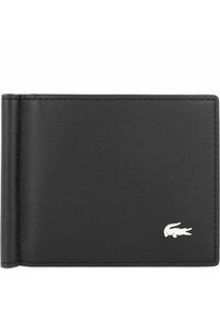 Portefeuille en cuir noir avec une texture lisse, design bi-fold, et un accent logo argenté dans le coin inférieur droit. Les bords sont dotés de coutures fines.