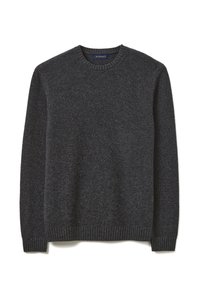 Dunkelgrauer Strickpullover mit Rundhalsausschnitt, strukturiertem Muster, geripptem Saum und Bündchen, aus einem weichen, atmungsaktiven Stoff gefertigt.