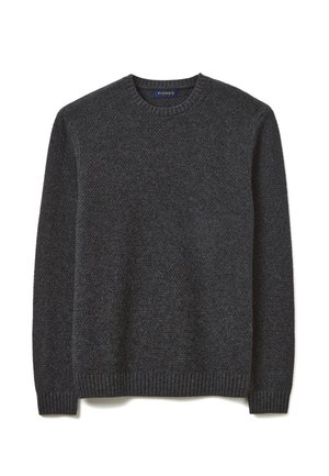 Donkergrijze gebreide trui met een ronde hals, gevarieerd patroon, geribde zoom en manchetten, gemaakt van een zachte, ademende stof.