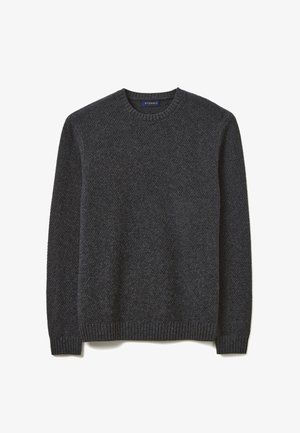 Donkergrijze gebreide trui met een ronde hals, gevarieerd patroon, geribde zoom en manchetten, gemaakt van een zachte, ademende stof.