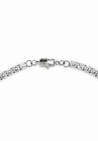 Bracciale in tono argento con cristalli trasparenti circolari, collegati da piccoli elementi metallici, con chiusura sicura a gancio di tipo granchio.