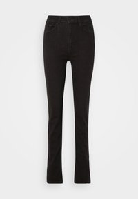 Mustad denim teksad, kitsas lõige, kõrgema viimistleva vöökoha, viie tasku ning laieneva säärega. Sile tekstuur ilma nähtavate logode või kaunistusteta.