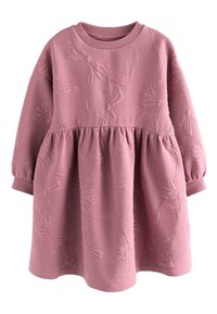 Rosa sweatkjole med quiltede sl�øjfe mønstre, lange ærmer, ribstrikkede manchetter og et samlet skørt for en afslappet form.