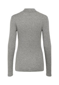Long-sleeve gray top featuring a high neckline, ribbed texture, and fitted shape, suitable for layering or casual wear.