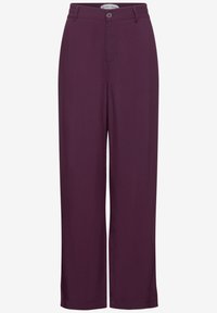 Pantalon en tissu violet profond avec une coupe droite. Fermeture à bouton sur le devant et passants de ceinture. Texture lisse, sans motifs visibles.