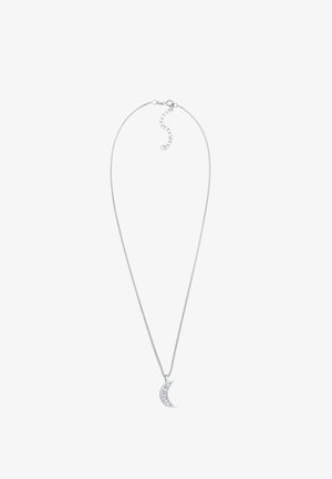 Sølv halskæde med en tynd kæde og en halvmåne vedhæng, der har klare sten sat i en skinnende metalramme. Justerbar længde.