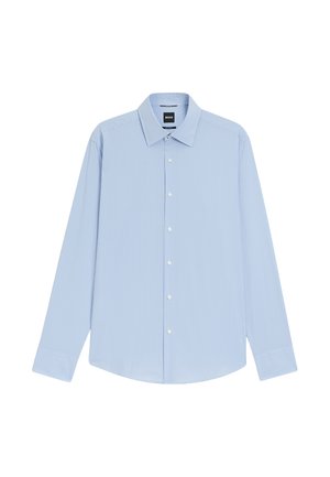 Lyseblå skjorte med lange ærmer og fint ternet mønster, knaplukning foran, udbredt krave og "BOSS" mærke indeni kraven.