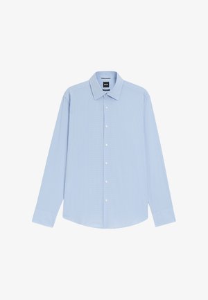 Lyseblå skjorte med lange ærmer og fint ternet mønster, knaplukning foran, udbredt krave og "BOSS" mærke indeni kraven.