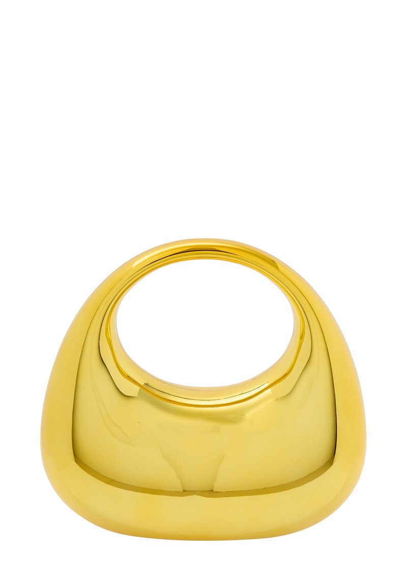 Guld-farvet keramisk vase med en glat, blank overflade. Rundet krop og bred åbning. Minimalistisk design, ingen mønstre eller accenter.