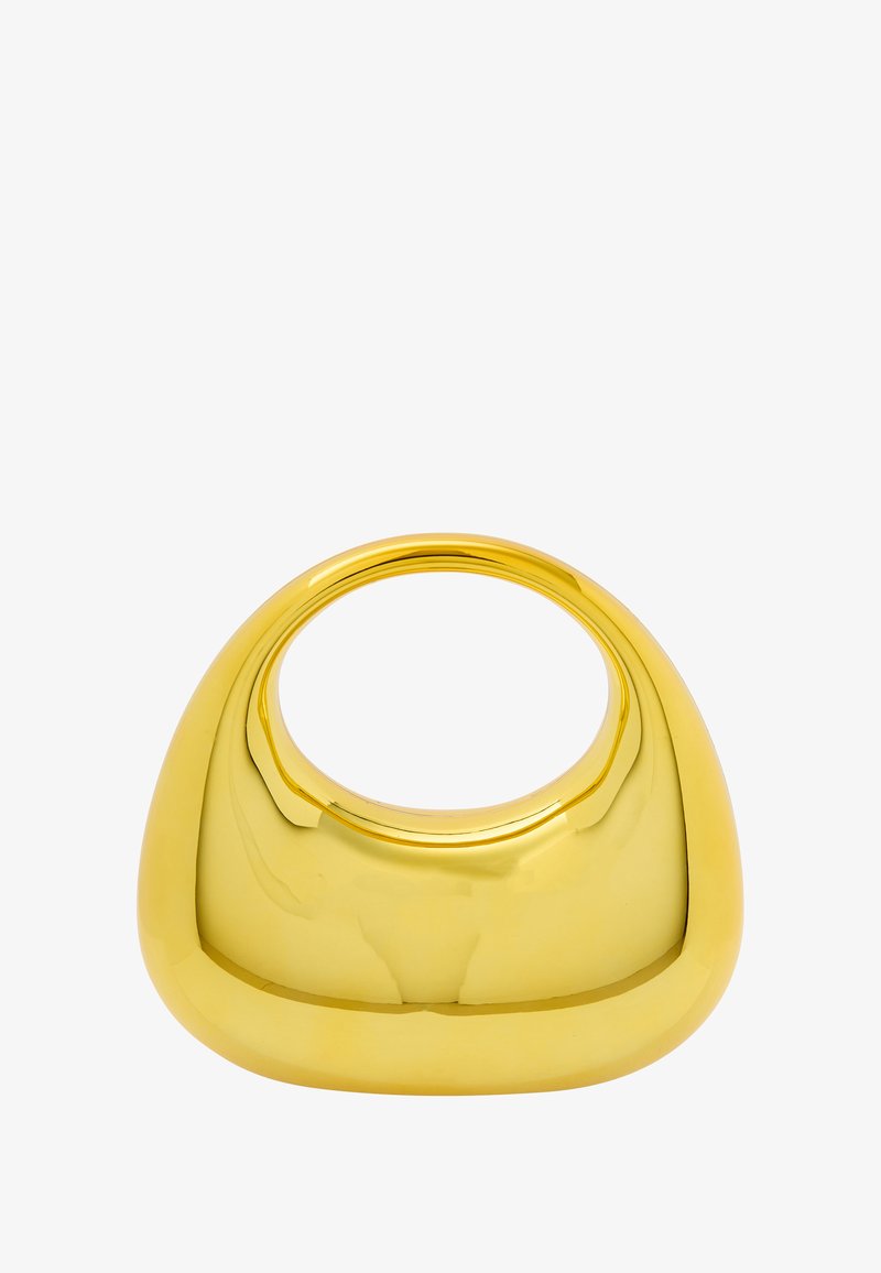 Guld-farvet keramisk vase med en glat, blank overflade. Rundet krop og bred åbning. Minimalistisk design, ingen mønstre eller accenter.
