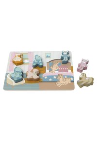 Wooden animal puzzle featuring pastel-colored pieces: bear, dinosaur, dog, and horse. The tray depicts a child's bedroom with décor and stars.