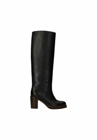 Tall black leather boots with a rounded toe and chunky heel. Simple design, smooth texture, and minimal detailing.