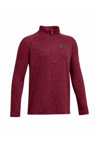 Red long-sleeve pullover with a quarter zipper, made from textured fabric, featuring a small black logo on the chest and a fitted design.
