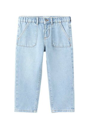 Blugi din denim albastru deschis, cu talie elastică, două buzunare frontale, croială dreptă și detalii minime de cusătură.